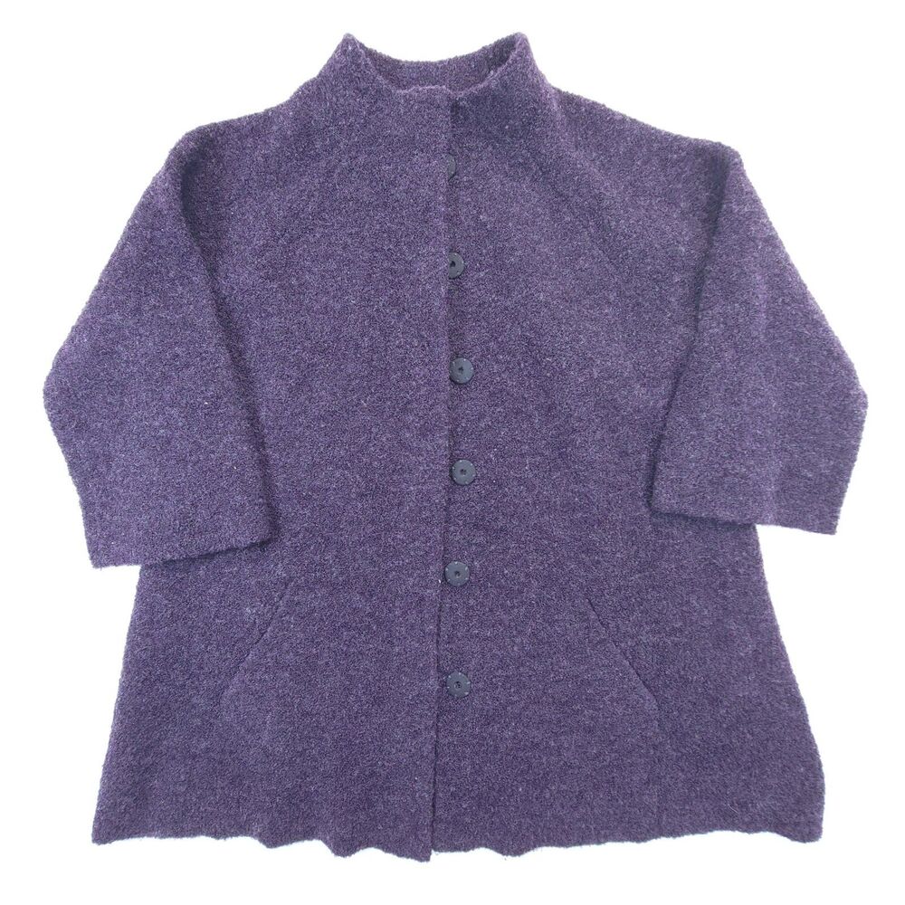 Eileen Fisher Wool Sweater Coat Womens Large  Purple Boucle Textured Lagenlook